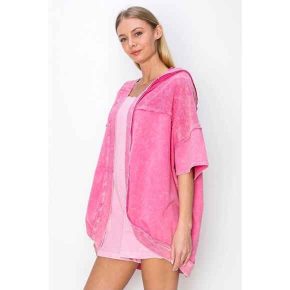 J.Her Mineral Wash Butterfly Hoodie Open Front Oversized Shacket Pink Size 3XL - Picture 2 of 10